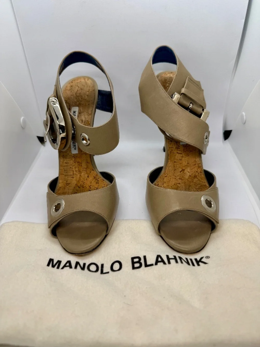 Manolo Blahnik Taupe Leather Large Buckle Sandals 39